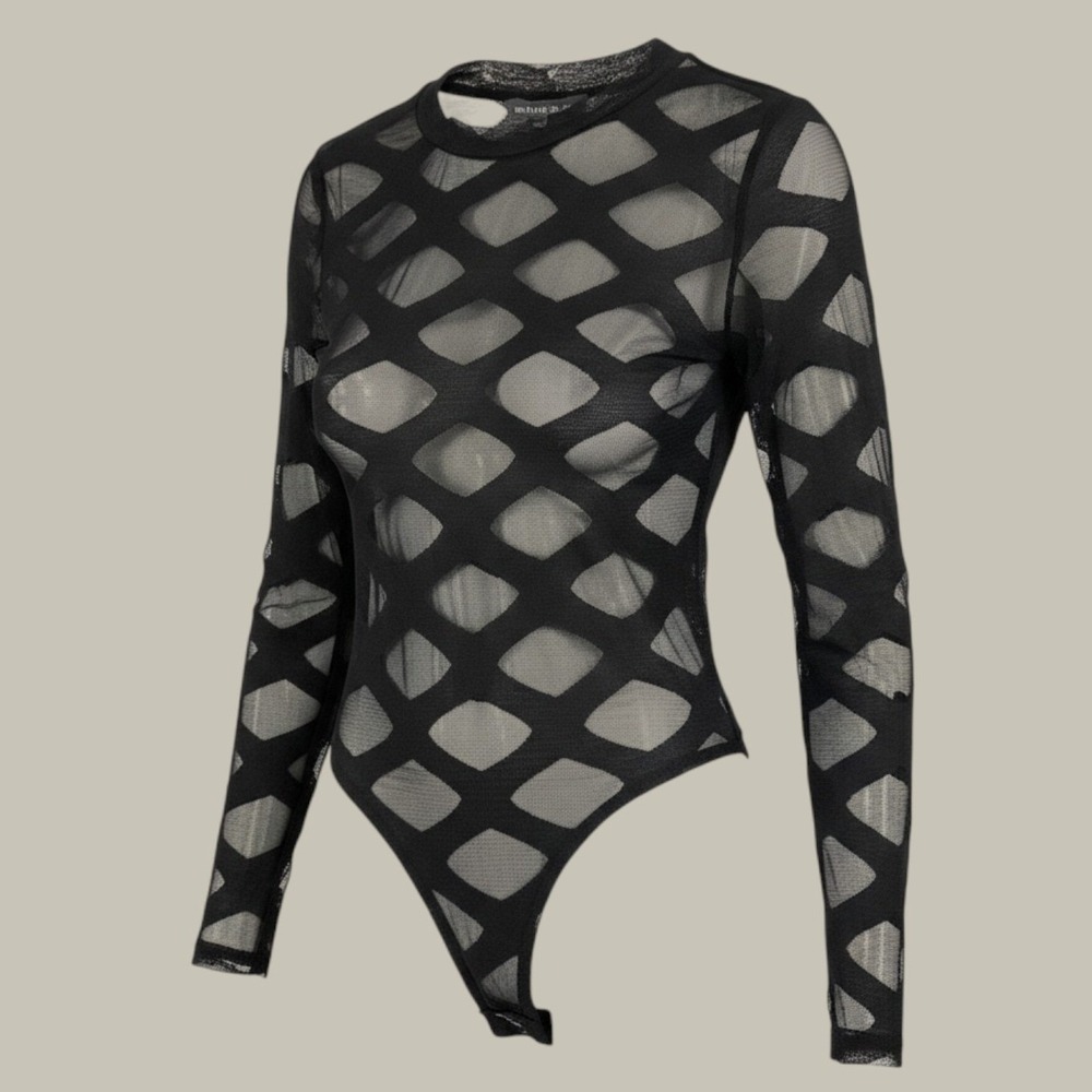 Windsor Bodysuit Women 1X Black Cut Out Mesh Sheer Long Sleeve BS5286X Top